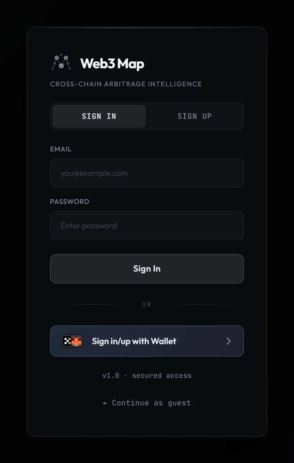 Web3Map login page showing the Sign In and Sign Up tabs, EMAIL and PASSWORD fields, the Sign in/up with Wallet button, and the Continue as guest link