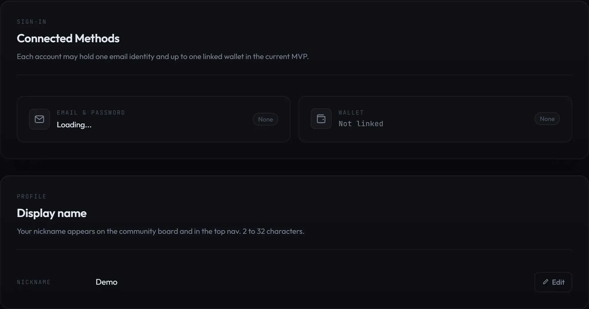 The Profile section of My Page showing the Connected Methods card with Email and Password and Wallet rows, and the Display name card below it