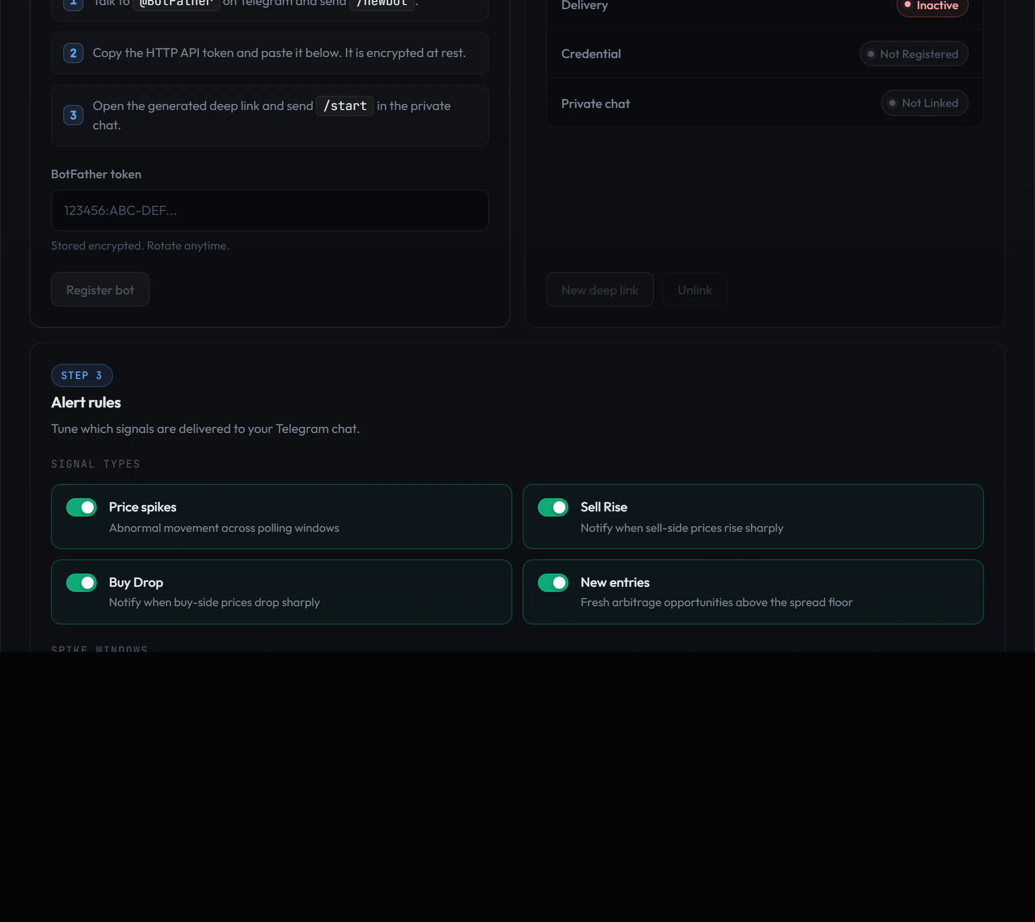 The Premium alerts card on My Page showing Step 1 Connect your bot with the BotFather token field, Step 2 Delivery status rows, and Step 3 Alert rules